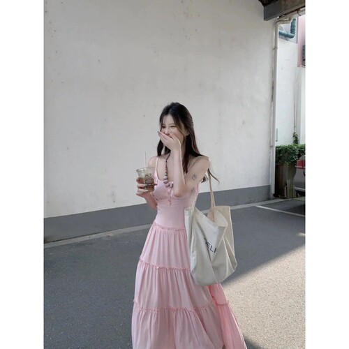 Set of Two Women's Design Pink Gentle Strappy Dresses Women's Summer Vacation Wind Beach Fringe Blouse