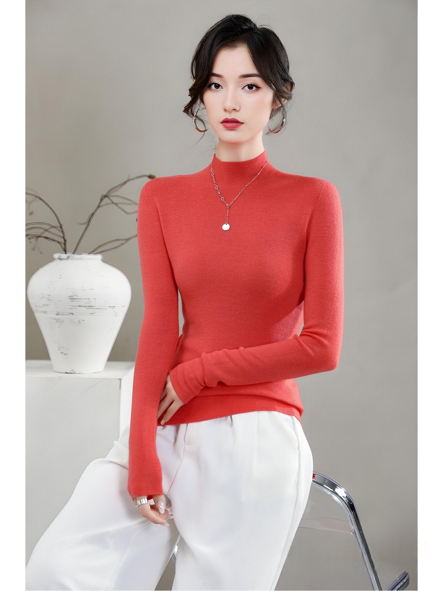 揚子糸ワンピース成形シームレスウールセーター女性のセータースリムハーフタートルネック 100% ウールニットボトリングシャツ