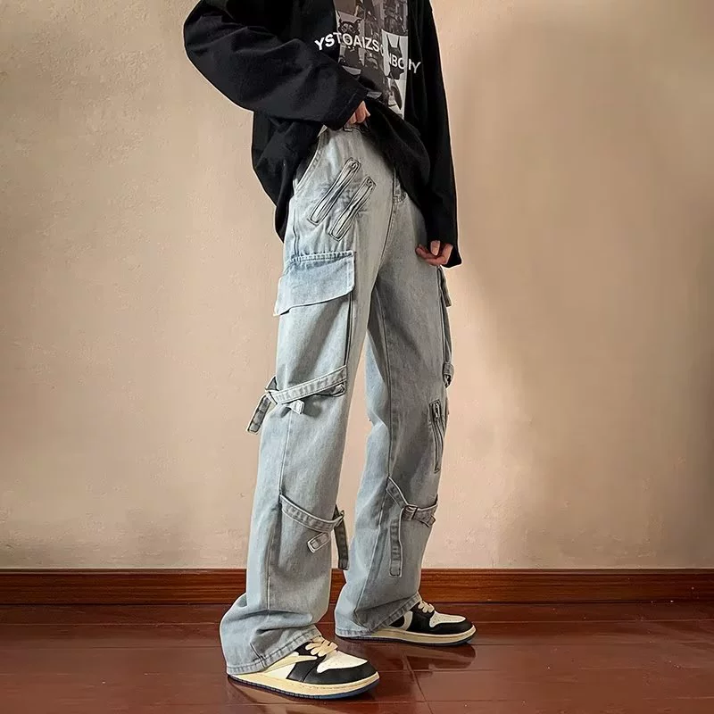 Американские ретро брюки High Street Chao Brand Черные джинсы с ремешком мужские прямые узкие застежки-молнии повседневные комбинезоны осень