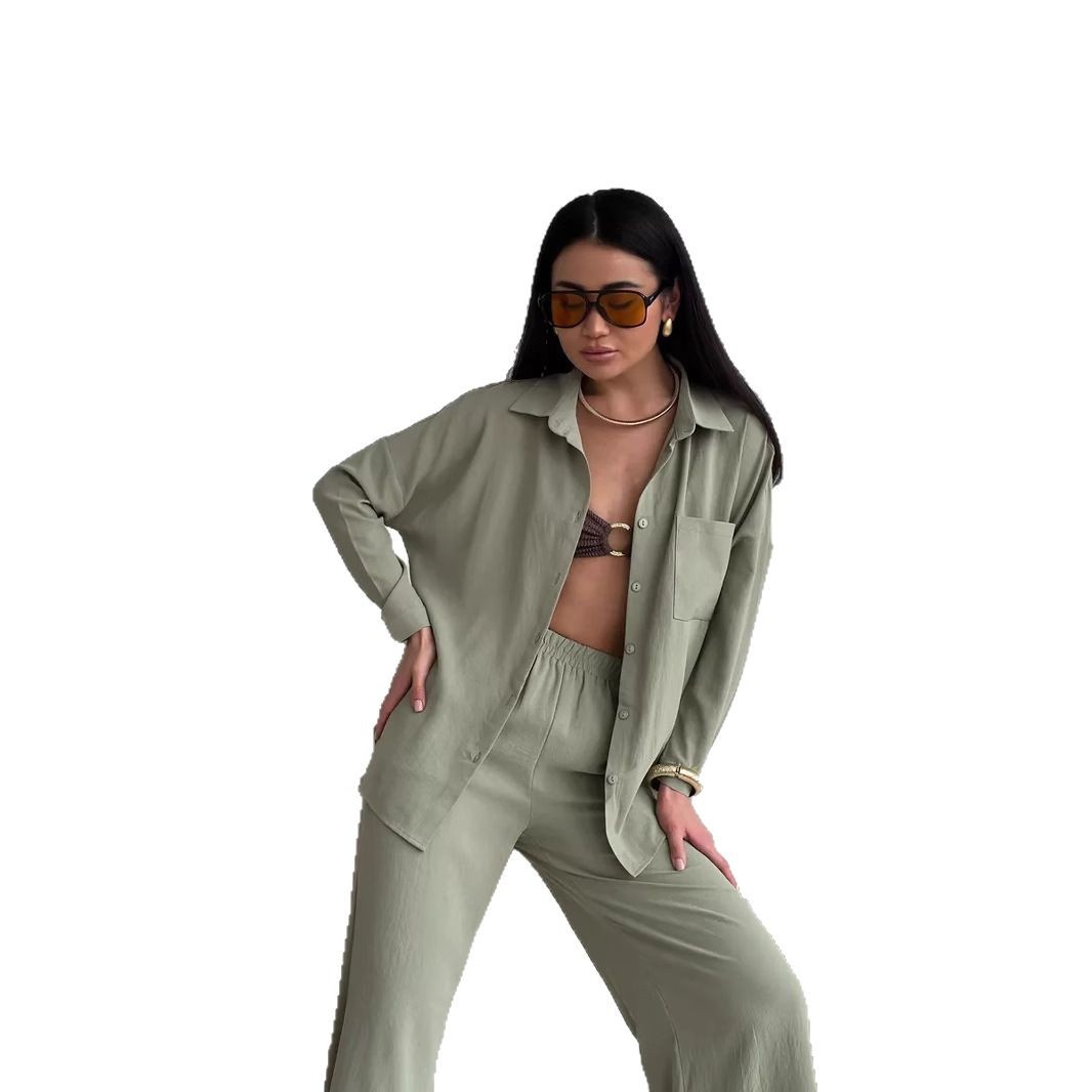 2026 Cross-Border European And American Women's Solid Color Cardigan Pocket Casual Wide-Leg Pants Set_ecoleips.com
