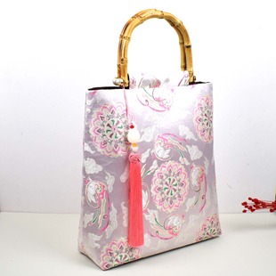 New Chinese-Style Handmade Fabric Bag, National Style Song Brocade Hanfu Bamboo Handle Gold DIY Material Bag, Wedding Mother-In-Law Bag
