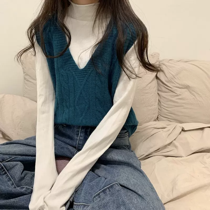 秋冬宽松V领套头针织马甲新款简约背心毛衣女坎肩百搭上衣女马夹