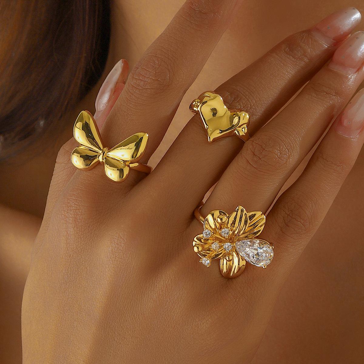 9g Weight Open Rings Classification One Size Ring Size 1 Piece, 1 Set Quantity Holiday, Daily Occasion Copper Material Heart Shape, Flower Pattern All Seasons Season Women's Gender Plating Design Elegant, Lady Style Wholesale Jewelry Elegant Lady Heart Shape Flower Copper Plating Open Rings 5