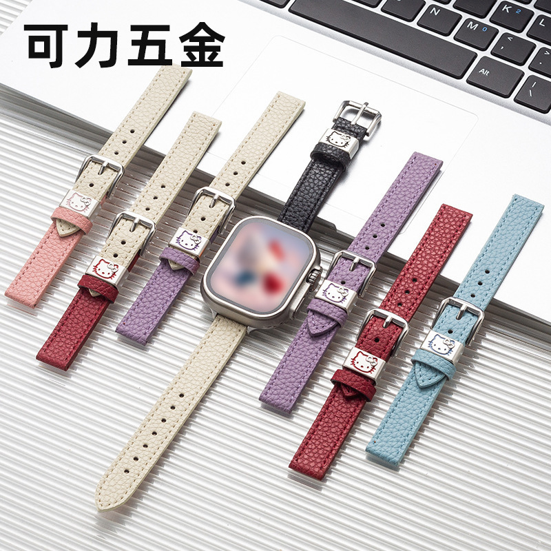 2026 New Cross-Border Smart Watch Strap KT Cat Lychee Pattern Color-Block iPhone S11/10 Leather Watch Band 2026 New Cross-Border Smart Watch Strap KT Cat Lychee Pattern Color-Block iPhone S11/10 Leather Watch Band