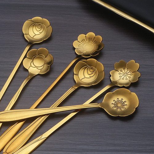 Stainless steel golden cherry blossom spoon, creative heart-shaped spoon, sunflower spoon, coffee spoon, dessert spoon, stirring spoon, bird's nest spoon