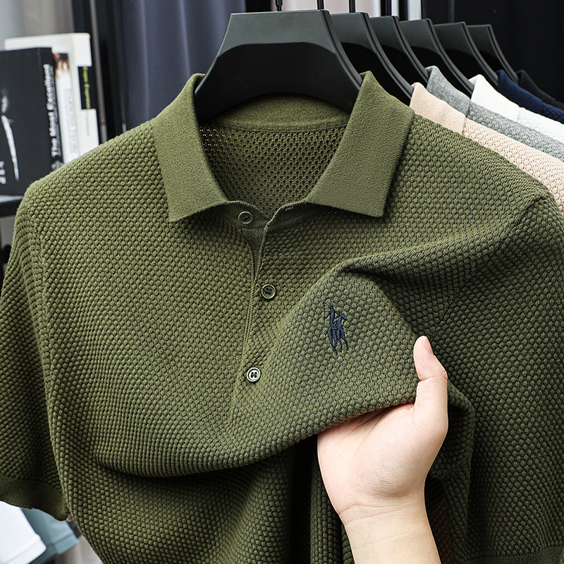 Ice Silk Polo Shirt Short-sleeved Men's T-shirt Summer New Knitted Pineapple Casual High-end Embroidered Men's T-shirt