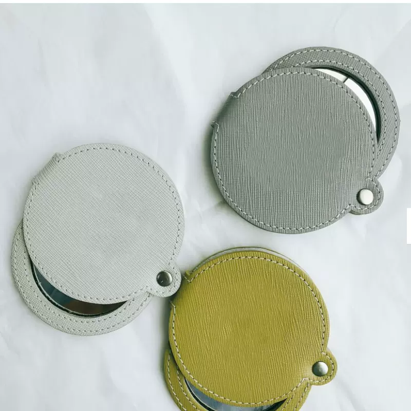 简约纯色便携式小镜子 日常外出通勤迷你补妆镜 双面防摔皮革镜子