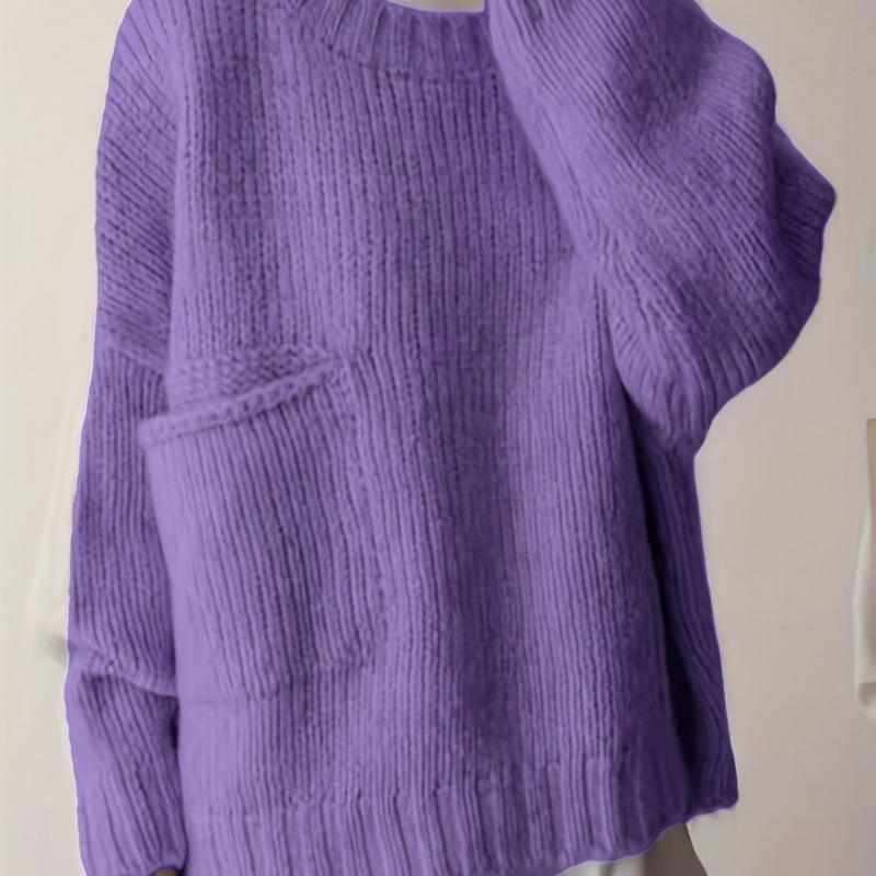 Plus Size Solid Pocket Crew Neck Sweater Casual Long Sle跨境|undefined