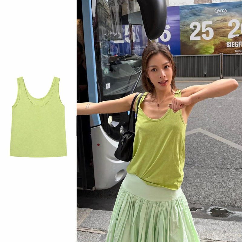 Yigenanaya style natural pure cotton U-neck green comfortable tank top for women