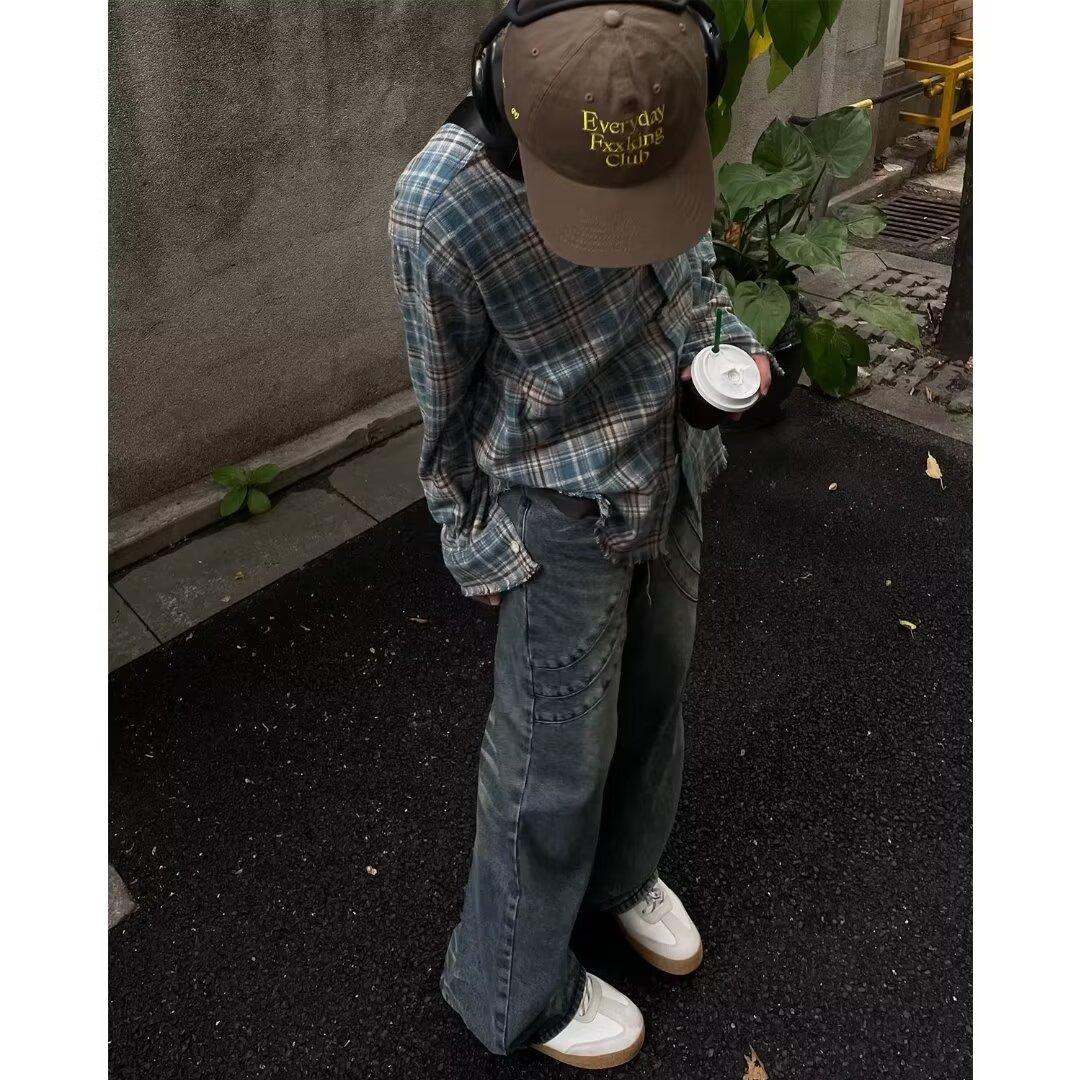American High Street Plaid Washed Frayed Long Sleeve Unisex 2025 Spring Autumn Loose Trendy Shirt_viptrois.com