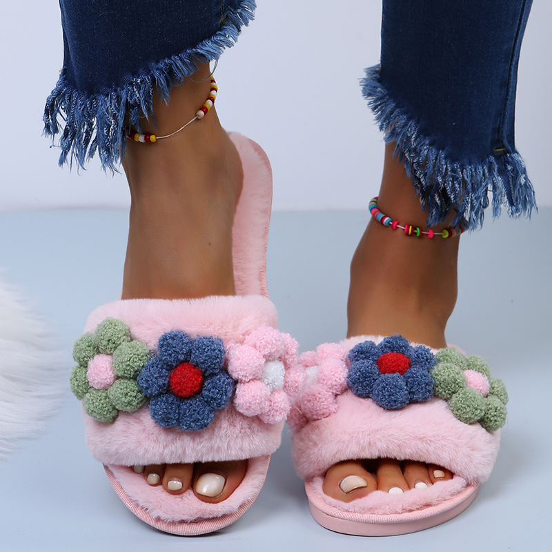 Flat-Bottomed Colorful Flowers Furry Slippers NSKJX104840