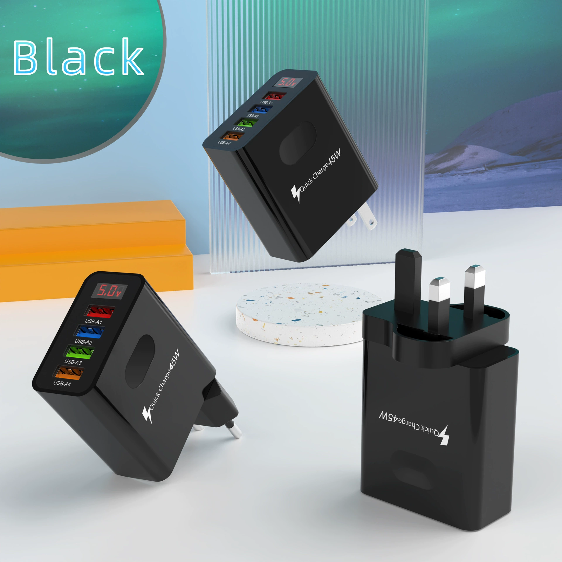 4 USB мультпортовый дисплей charger европейский, американский и британский 3.1A адаптер 45W четыре порта быстрая зарядка