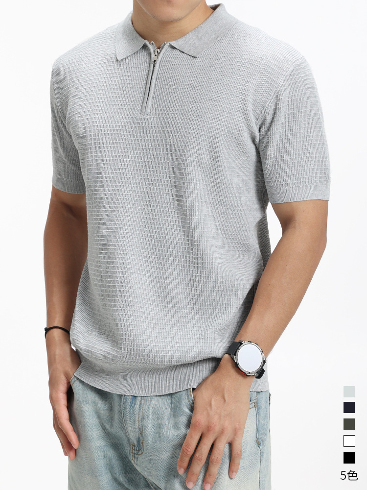 Waffle polo de hielo de punto para hombre con cremallera de collar de manga corta de negocios de alto nivel camiseta casual para hombre
