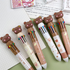 Brown Bear Ten-Color Round Ballpoint Student Marker Pen Cartoon Handnote Multicolor Pen Multi-Function Oil Pen Push Type