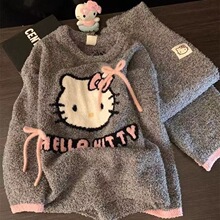 2026新款可爱凯蒂猫半边绒睡衣女秋冬季加绒加厚珊瑚绒家居服跨境