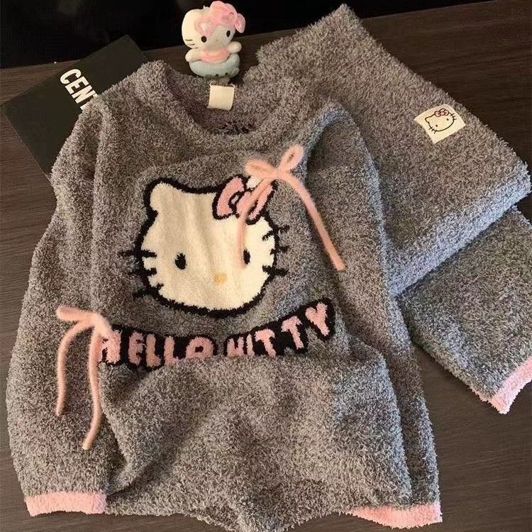 2026新款可爱凯蒂猫半边绒睡衣女秋冬季加绒加厚珊瑚绒家居服跨境