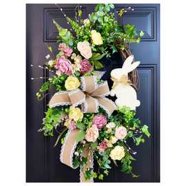 花浅笑跨境新款乡村复活节花环前门的兔子复活节花环花卉春天