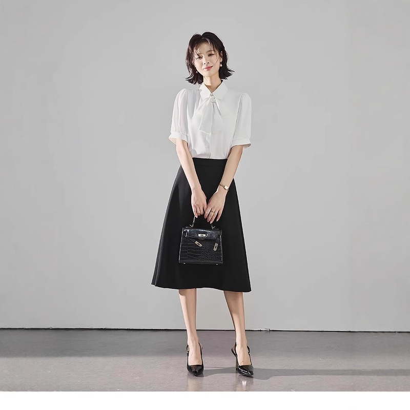 Anchen Black Interview Skirt for Women, Summer Thin Suit Skirt, Elegant Formal A-Line Mid-Length Skirt for Public Exams and Commuting