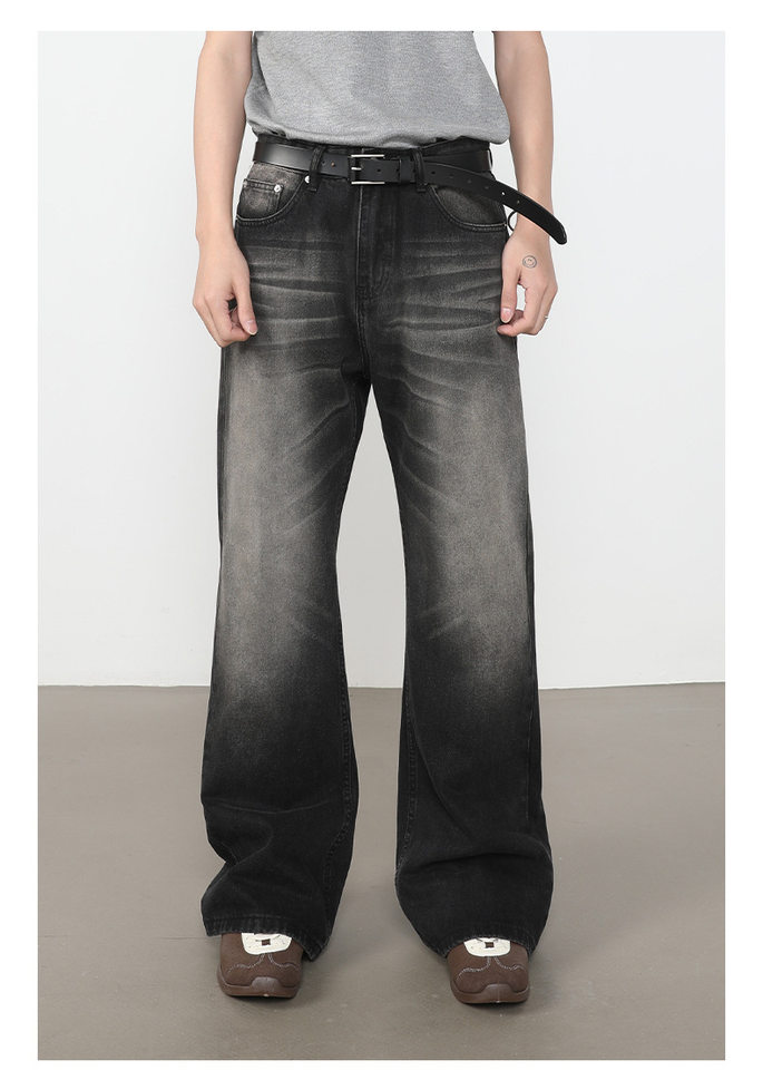 Quần jean nam ống loe nhẹ dáng rộng thoải mái, vải denim xử lý bạc màu — màu xanh, màu xanh nhạt, màu xám đen chi tiết 4