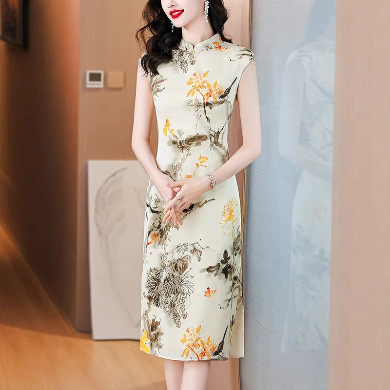 Новое китайское платье-чонсам в улучшенном стиле, лето 2025, художественный принт, короткий рукав, ретро-китайское платье, юбка средней длины