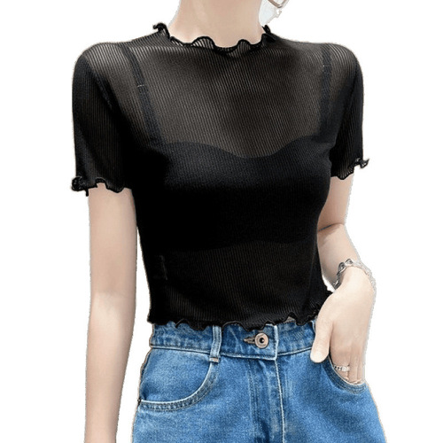 Women's Short Sleeve Mesh Bodysuit, Delicate Lace T-shirt with Underwire, Sheer Fabric, Casual Short Hem Dress, Ideal for Summer