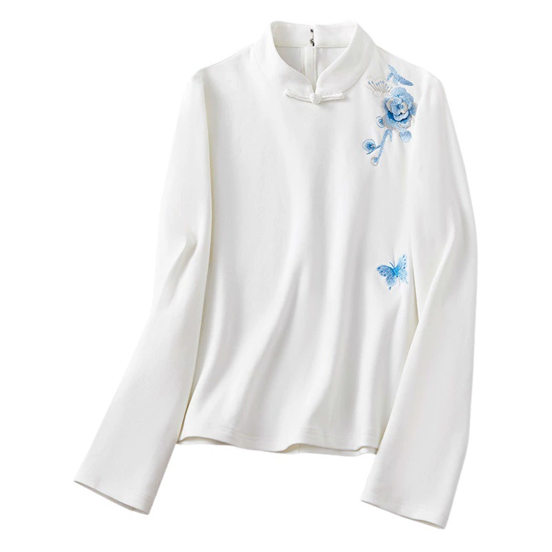 Женская одежда в китайском стиле Чан Ча Фу с вертикальным воротником и вышивкой, хлопковая шлифовальная трикотажная Базовая рубашка, приталенный Женский Топ с длинным рукавом