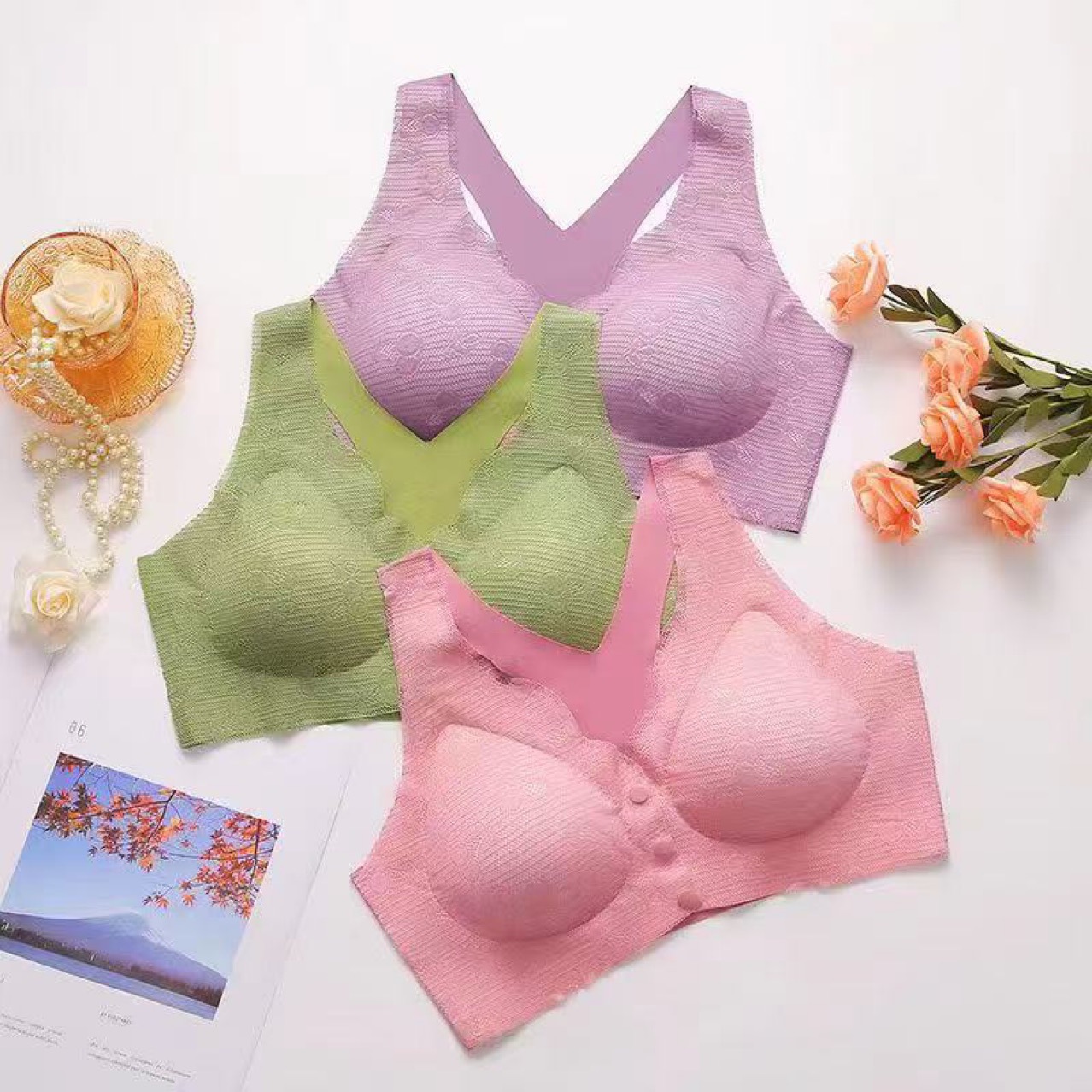 Ropa interior de encaje con hebilla abierta frente a copa fija, sujetador cómodo de verano sin costuras, sujetador antiflacidez de talla grande para mujer