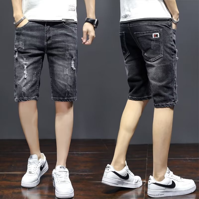 Summer Thin Stretch Denim Shorts Ripped Slim Straight Youth Mid-Length Casual Pants for Men
