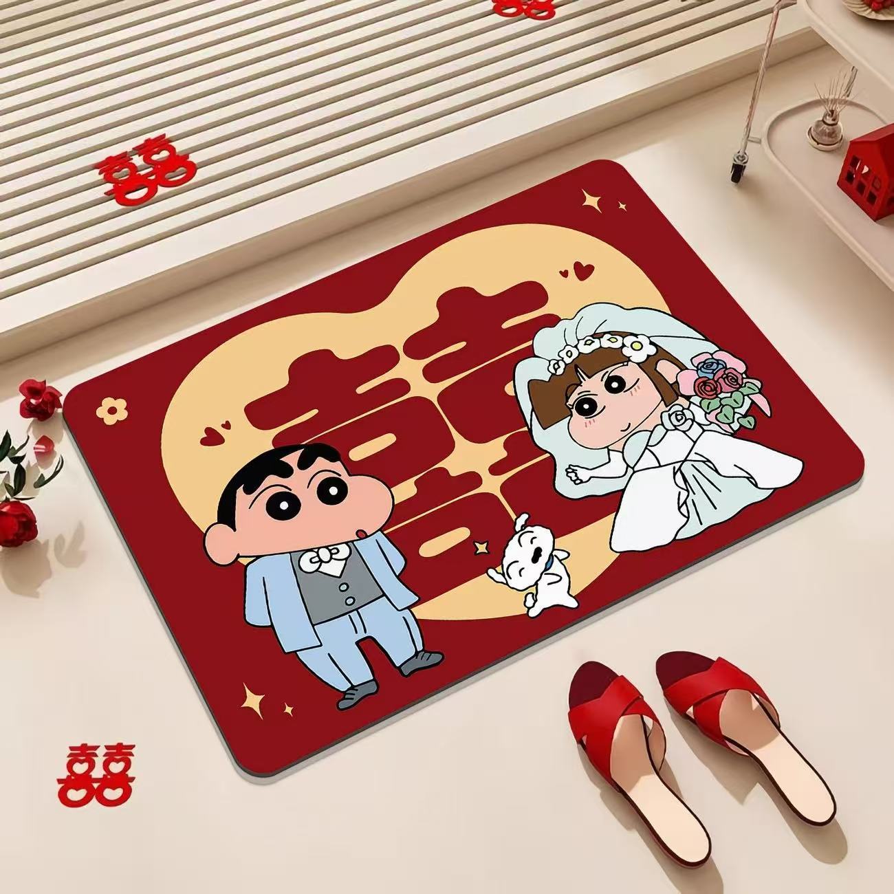 Cartoon festive diatomite floor mat for wedding bathroom, water-absorbent and non-slip, red "happy" character mat for wedding room decoration