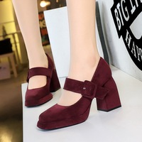 9613-6 style high heels, thick heels, waterproof platform, suede, straight line with belt buckle, shallow mouth Mary Jane women's shoes, single shoe