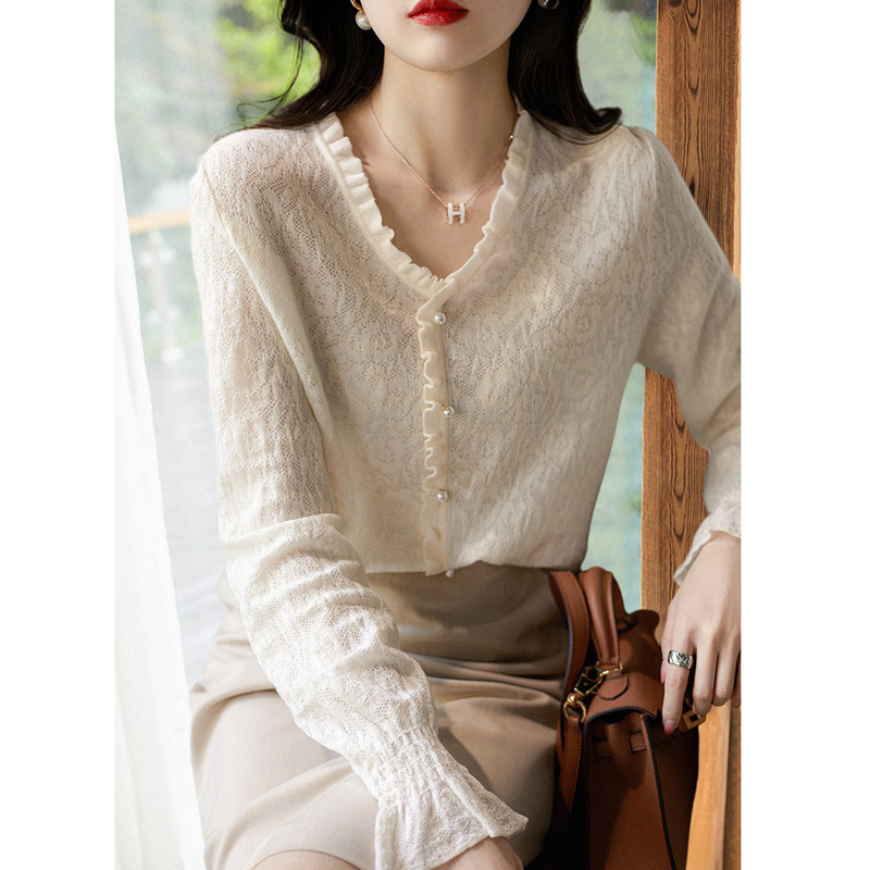 Hanyuan Apparel/ Exquisite and Luxurious Feel, Heavy Craftsmanship Lace-Like Jacquard V-Neck Wool Knit Pullover