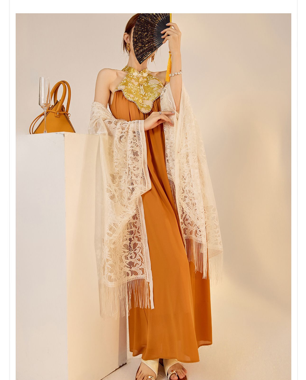 Váy dài cổ qipao thiết kế sang trọng mùa xuân hè — Màu cam, Màu mơ chi tiết 14