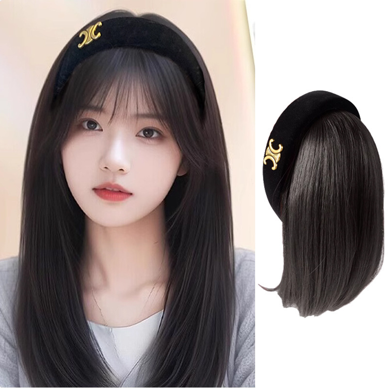 Hair band wig one-piece female head hair replacement block invisible hair growth cover white hair replacement piece one-piece half-head wig