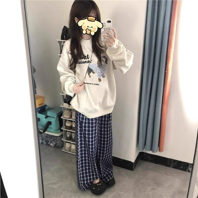 国潮牌美式复古狗狗印花圆领卫衣女秋冬2025新款无帽宽松长袖上衣|undefined
