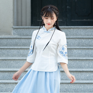 Сине-белое ретро этническое ципао, комплект, китайский стиль, с вышивкой, этнический стиль