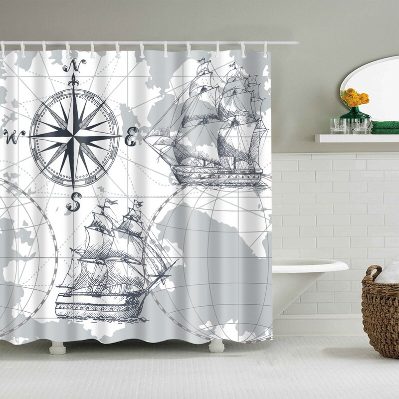 Nautical Anchor Shower Curtain Bathroom Beach Coast Shower Curtain Set Waterproof Fabric Cloth Shower Curtain Rustic Nautical Theme Decoration