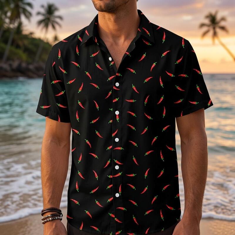Black shirt with small red peppers printed all over, with a turn-down collar and short sleeves, for men, suitable for summer, fun and unique, for beach vacations and casual wear Black shirt with small red peppers printed all over, with a turn-down collar and short sleeves, for men, suitable for summer, fun and unique, for beach vacations and casual wear