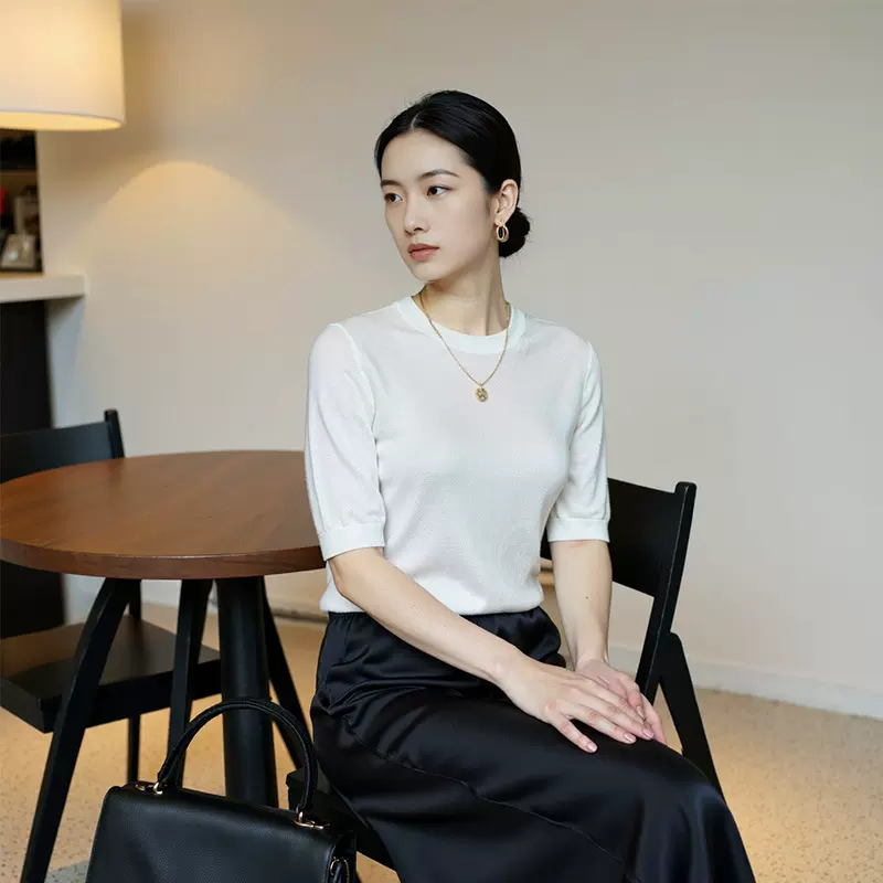 行走的空调衫！三醋酸天丝软糯针织衫女圆领正肩短袖内搭打底衫薄