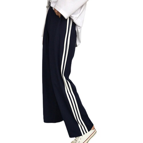 Summer Striped Casual Sporty Pants for Girls, Ins Trendy Loose and Slimming Wide Leg Pants, Short Figures Straight Leg Pants