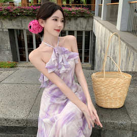 紫墨芝兰法式印花挂脖吊带裙连衣裙海边度假浪漫长裙青春感海岛裙