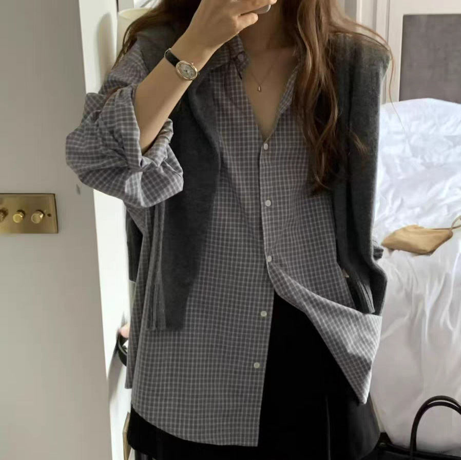 现货 2025秋季新款韩国东大门OU*CE宽松翻领细格子长袖衬衫上衣女