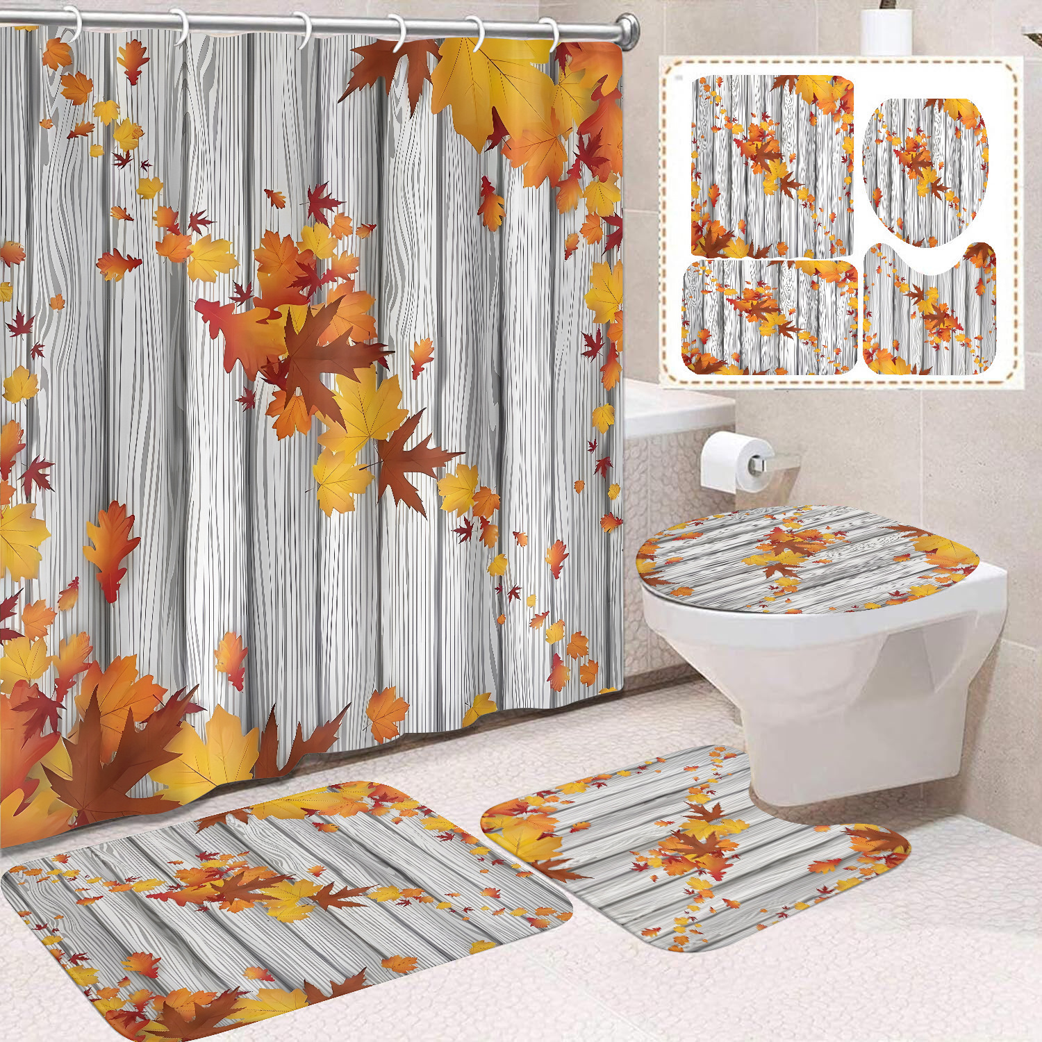 Cortina de ducha de Acción de Gracias, cosecha de otoño, serie de calabaza, cortina de ducha, cortina de baño, cortina de baño impermeable de poliéster, cortina de baño de cuatro piezas image 15