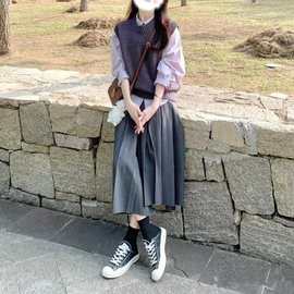 韩版秋冬新款慵懒风纯色圆领套头背心女学院风款大版针织马甲女