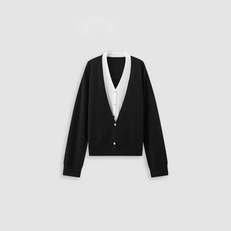 CleanFit风 秋冬新款假两件柔感羊毛叠穿毛衣针织衫开衫V领外套女|undefined