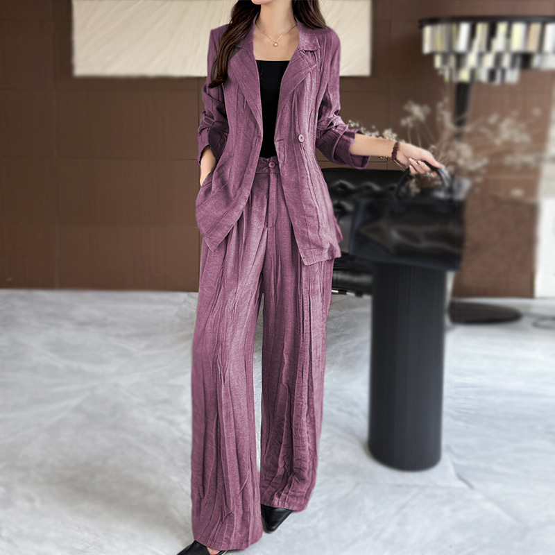 GraceChic Fashion Casual Suit per donna 2025 Blazer slim fit con taglio diagonale e plissettato, pantaloni lunghi, set due pezzi_voghion.com