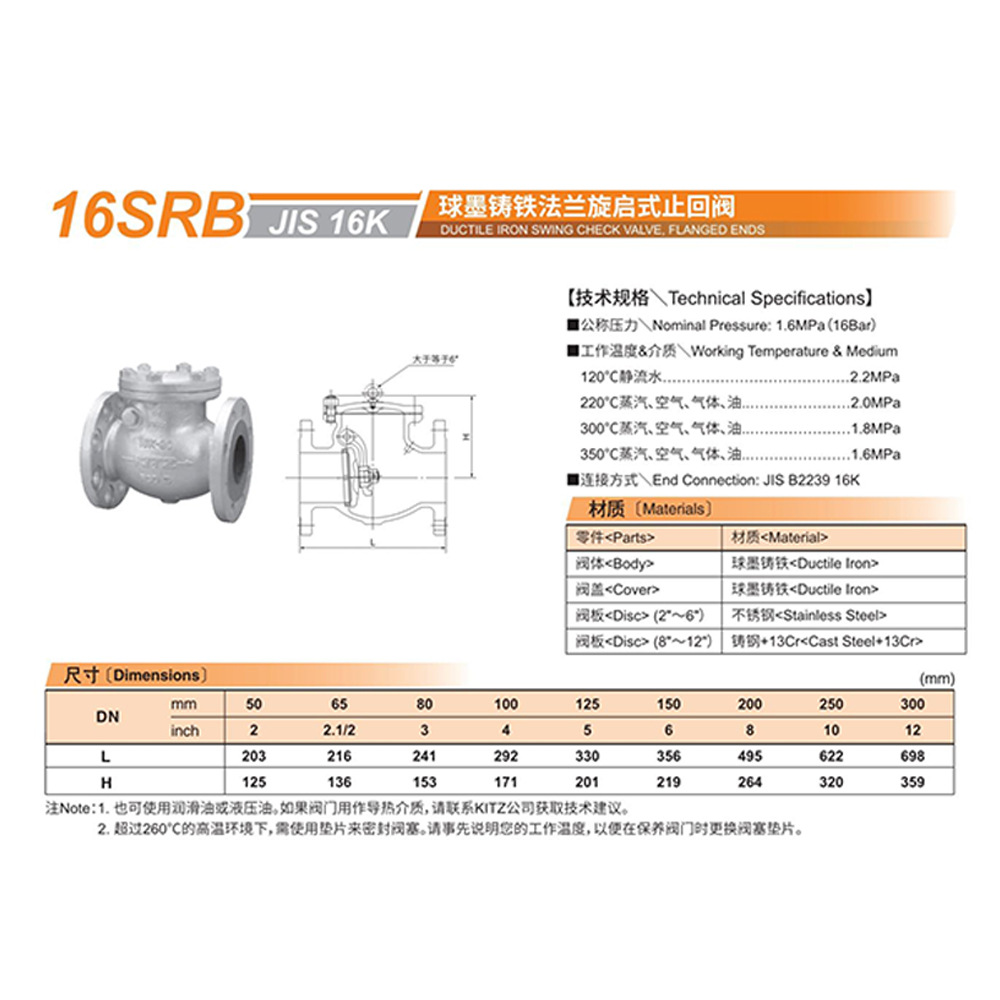 原装进口KITZ日本开滋北泽阀门  球墨铸铁法兰旋启式止回阀16SRB