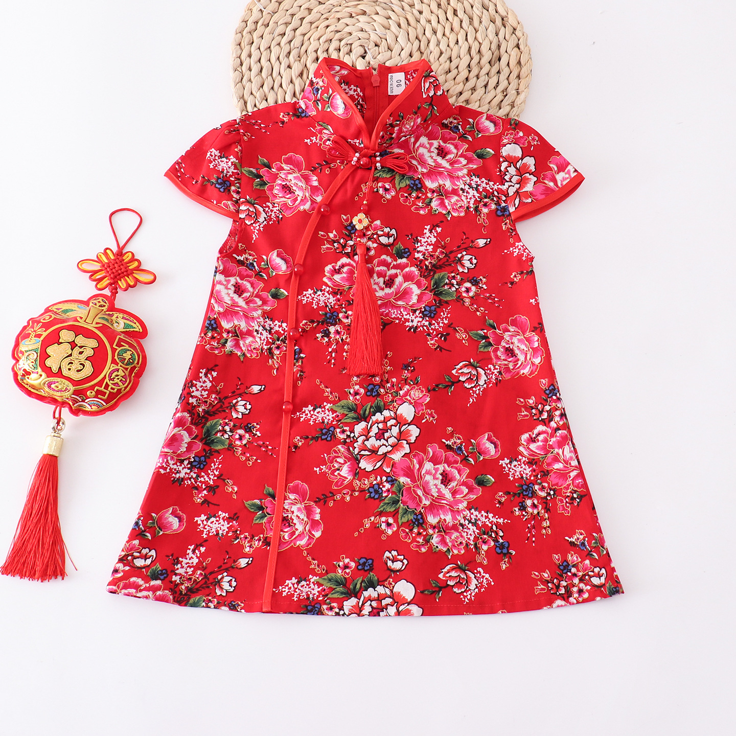 Girls' Vintage Printed Dress, New French Style Performance Outfit, Ruffled Floral Improved Cheongsam, Children's Clothing for Young Girls