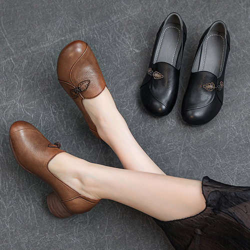  Fall New Women's Casual Single Shoes with Rough Medium Heel, Soft Sole, Washed Top-Grained Soft Calfskin Deep Slip-On Shoes