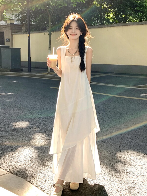 French-Style Gentle Dress for Women, White Elegant Tank Dress, New Style, Very Beautiful, Summer Long Dress French-Style Gentle Dress for Women, White Elegant Tank Dress, New Style, Very Beautiful, Summer Long Dress