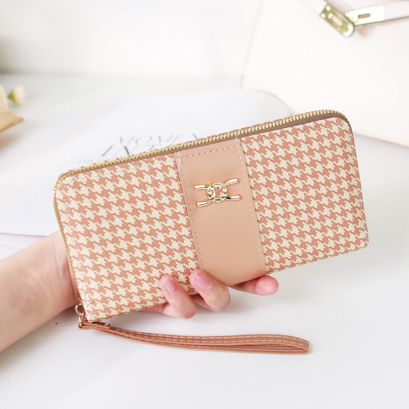 Etiqueta transfronteriza nueva billetera de mujer de pata de gallo billetera larga con estampado de cremallera billetera de moda bolso de tarjeta de teléfono móvil